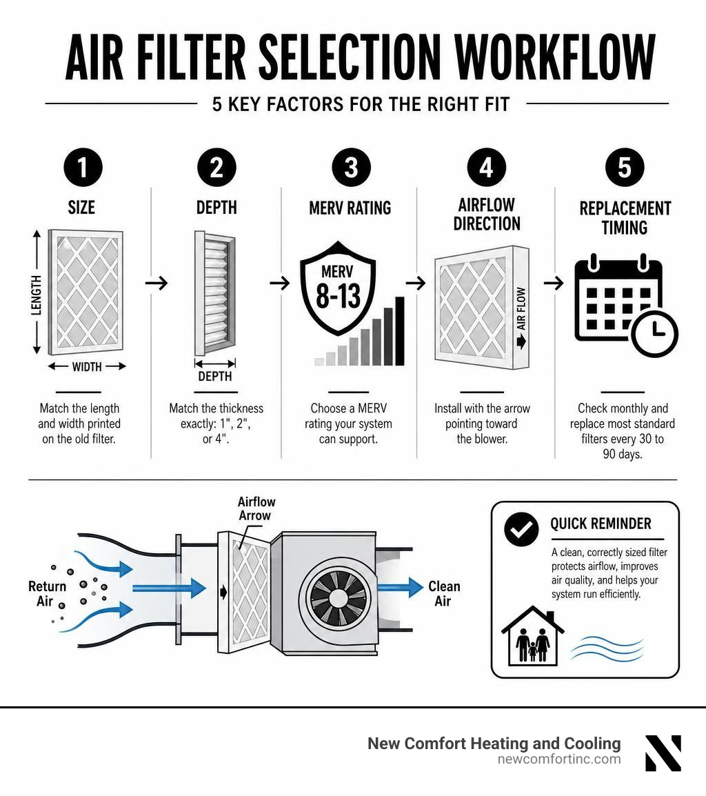 Air filter selection workflow showing size depth MERV rating airflow direction and replacement timing infographic Air filter selection workflow showing size depth MERV rating airflow direction and replacement timing infographic