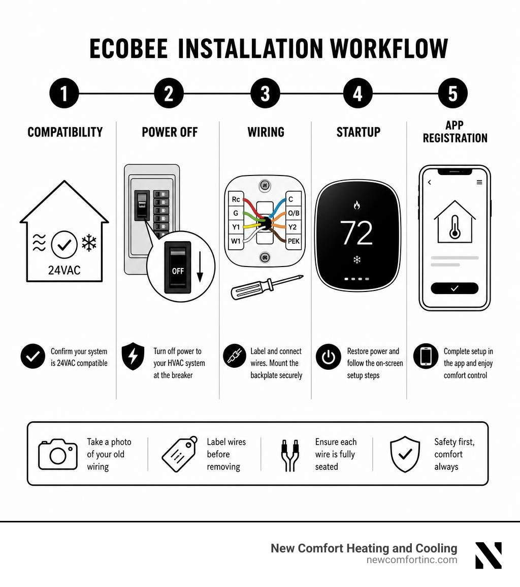ecobee installation workflow: compatibility, power off, wiring, startup, app registration infographic ecobee installation workflow: compatibility, power off, wiring, startup, app registration infographic