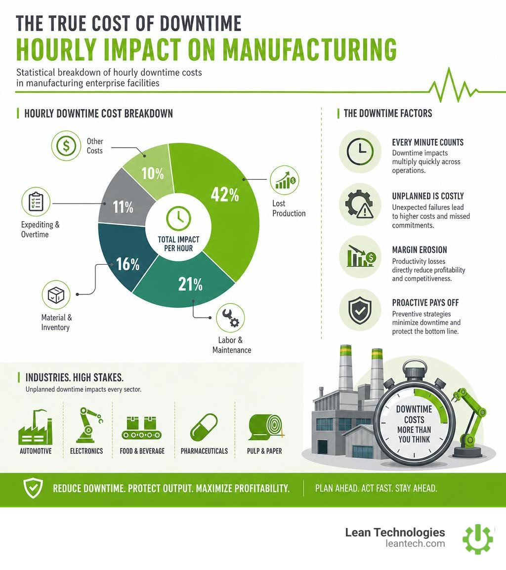 Statistical breakdown of hourly downtime costs in manufacturing enterprise facilities infographic Statistical breakdown of hourly downtime costs in manufacturing enterprise facilities infographic