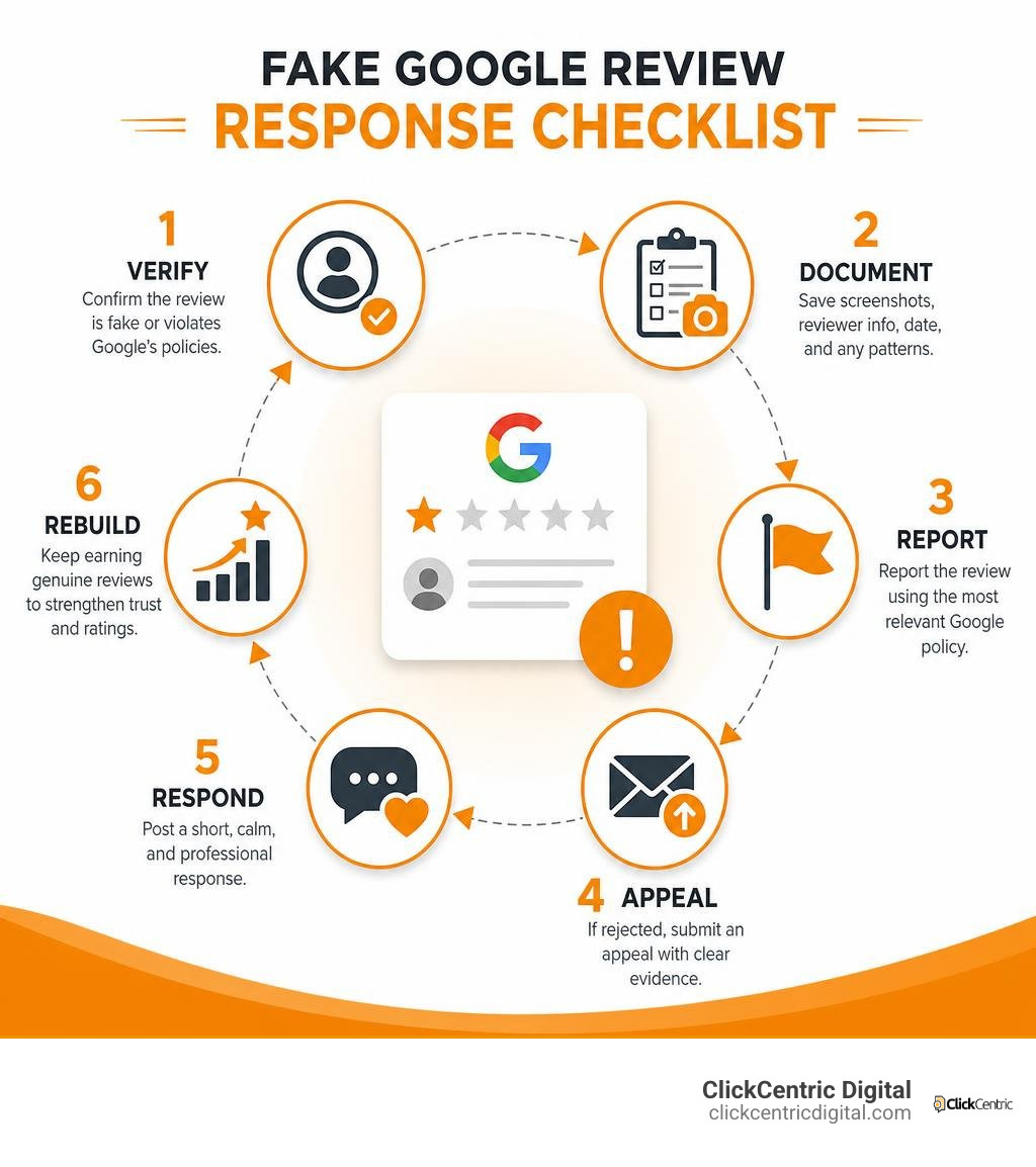 Fake Google review response checklist: verify, document, report, appeal, respond, rebuild infographic