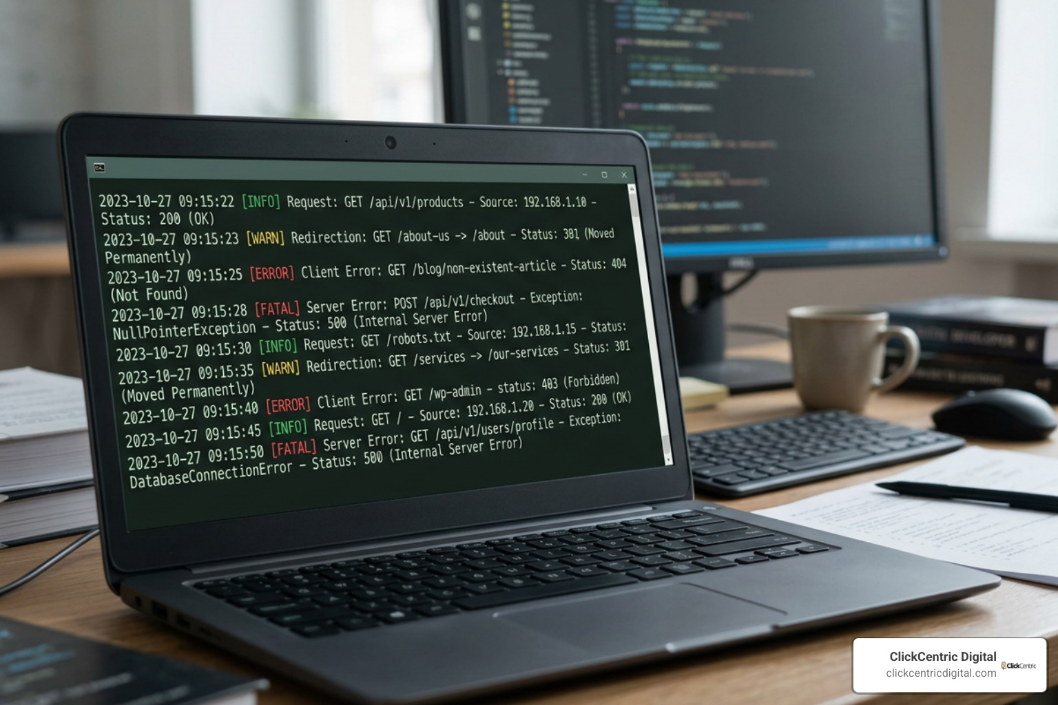 Technical audit log files detailing HTTP response codes and server errors Technical audit log files detailing HTTP response codes and server errors