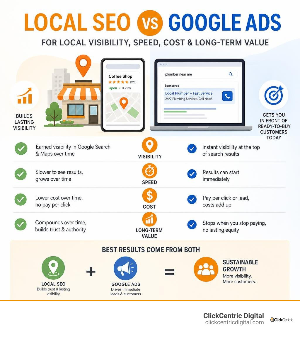 Local SEO versus Google Ads for local visibility, speed, cost, and long-term value infographic