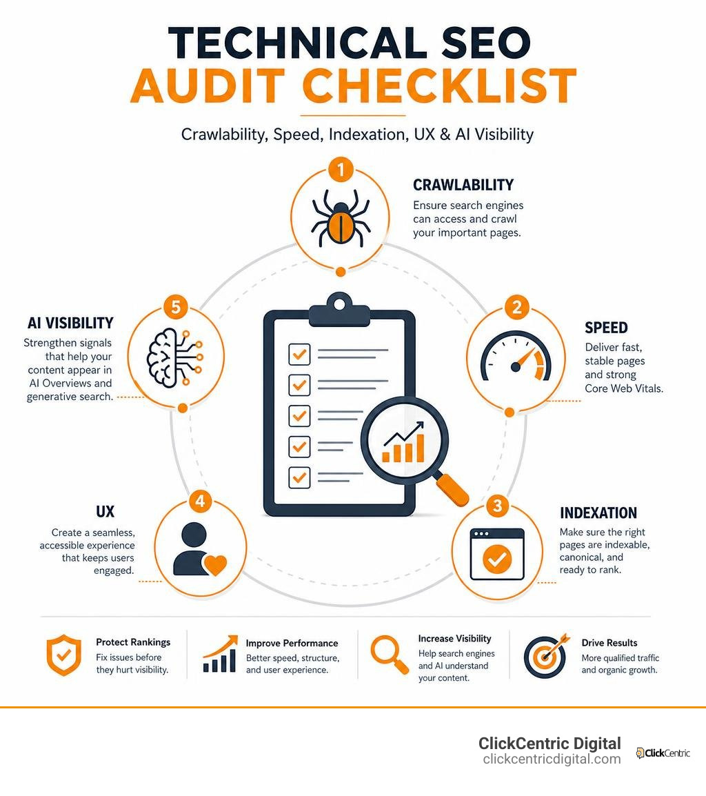 Technical SEO audit checklist: crawlability, speed, indexation, UX, and AI visibility infographic Technical SEO audit checklist: crawlability, speed, indexation, UX, and AI visibility infographic