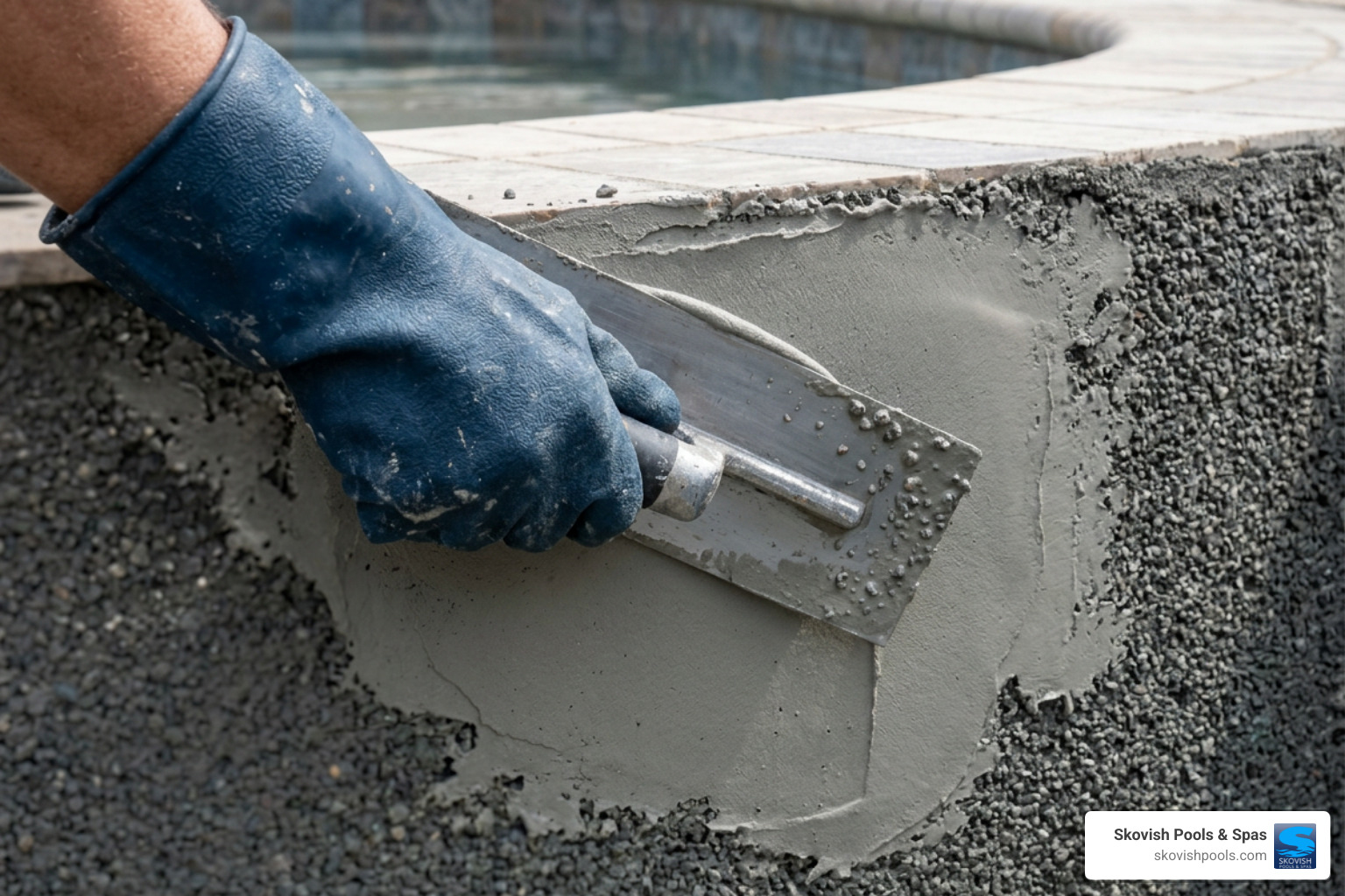 troweling plaster patch onto pool wall