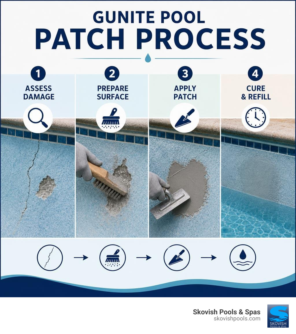 Gunite pool patch process: assess damage, prepare surface, apply patch, cure and refill infographic