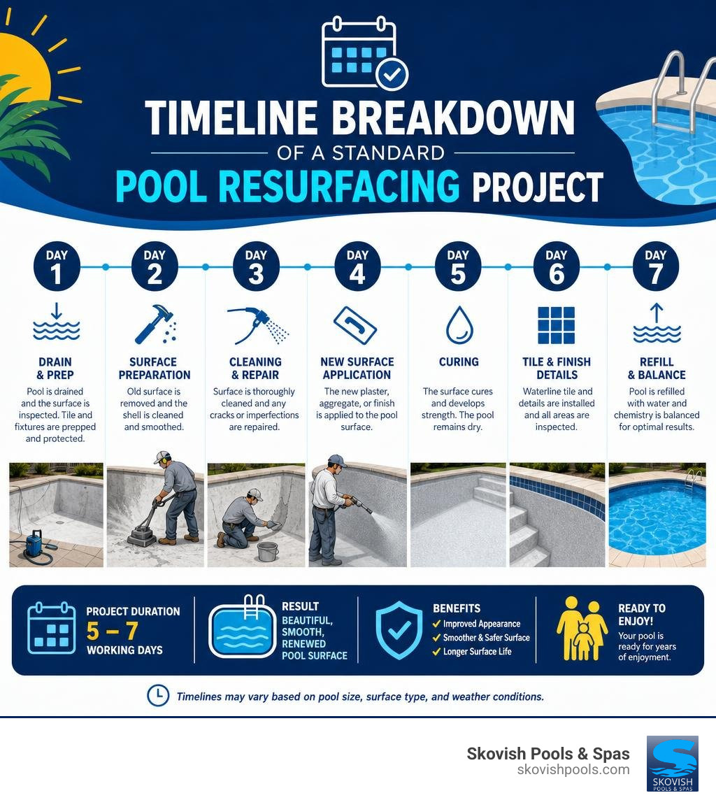 Timeline breakdown of a standard pool resurfacing project infographic Timeline breakdown of a standard pool resurfacing project infographic