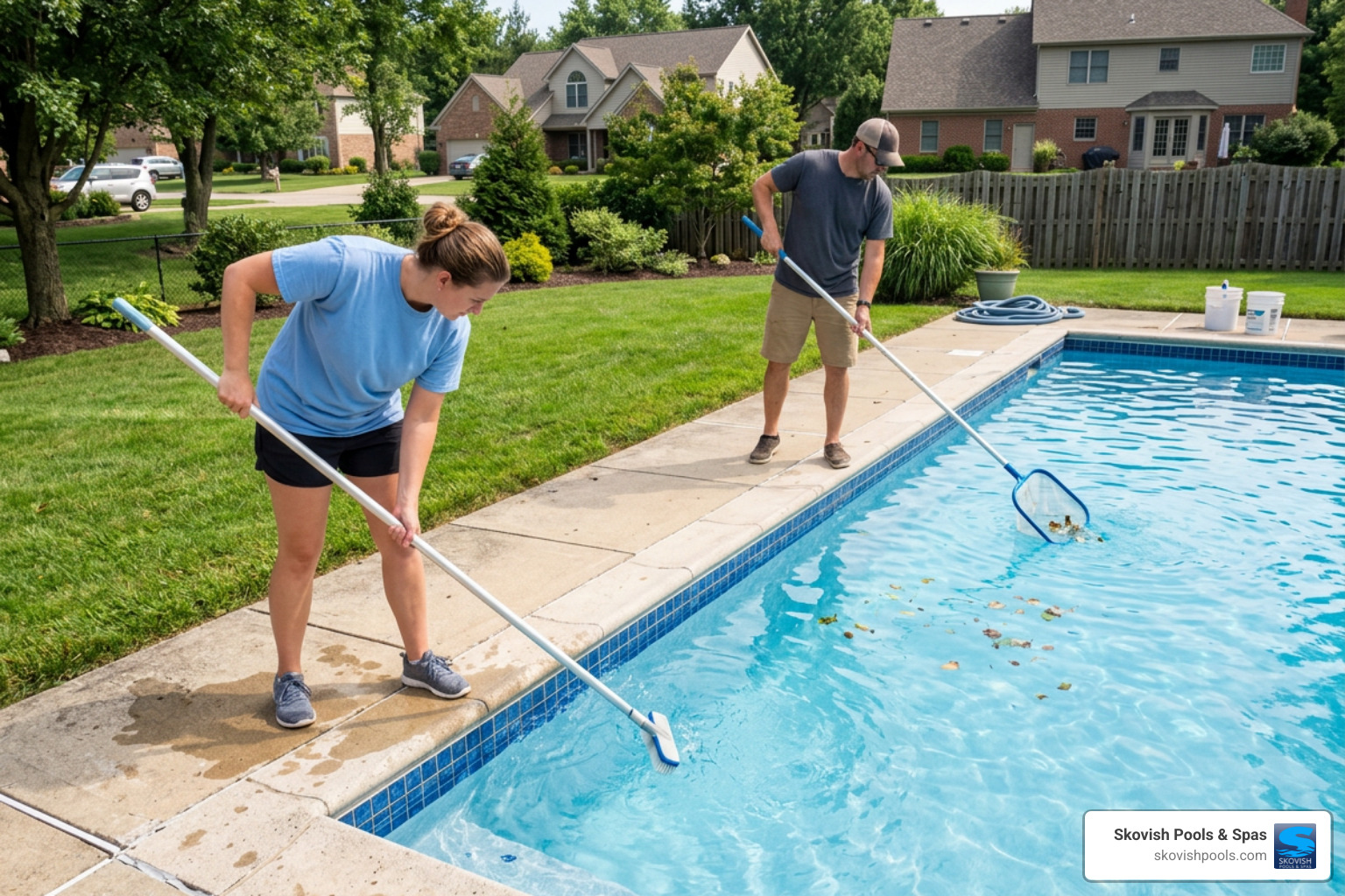 Pool wall brushing and surface skimming routine