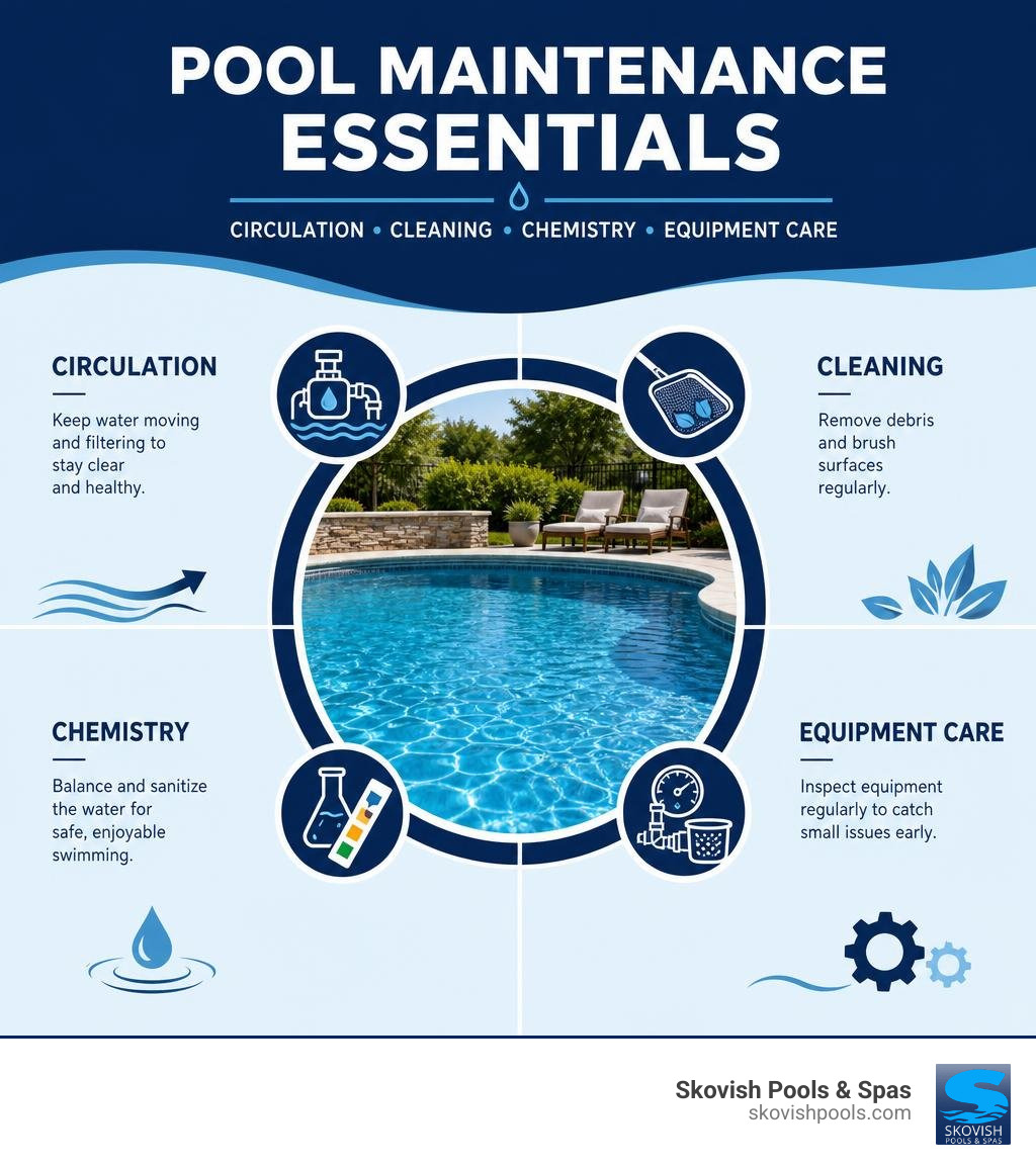 Pool maintenance essentials: circulation cleaning chemistry and equipment care infographic