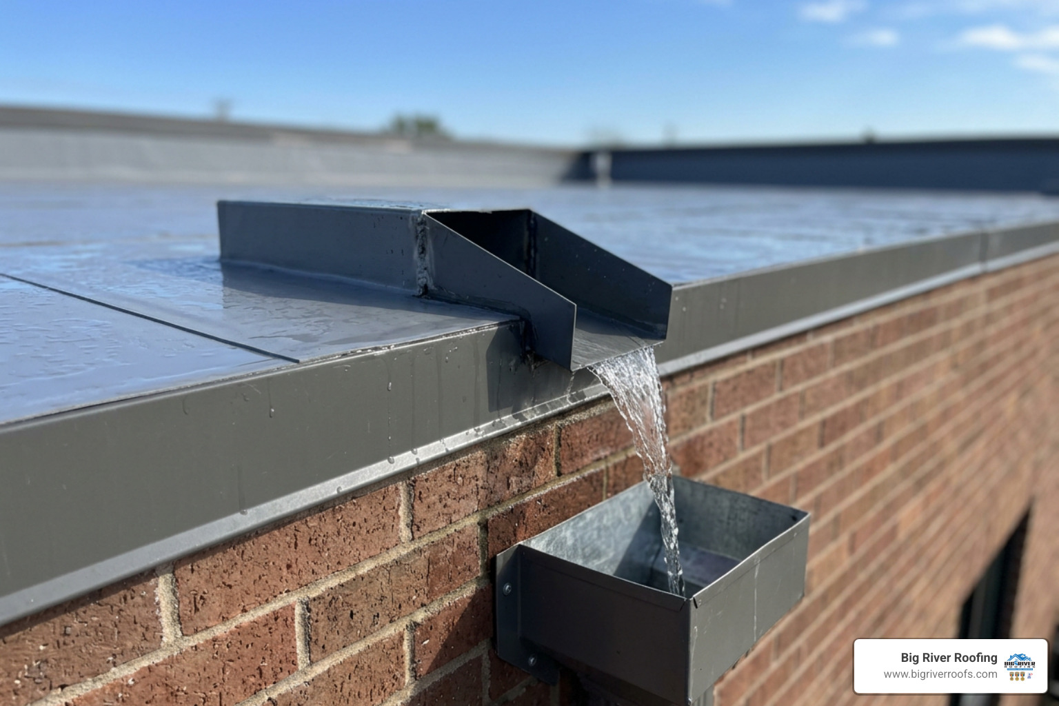 Clean roof scupper drain directing water off exterior