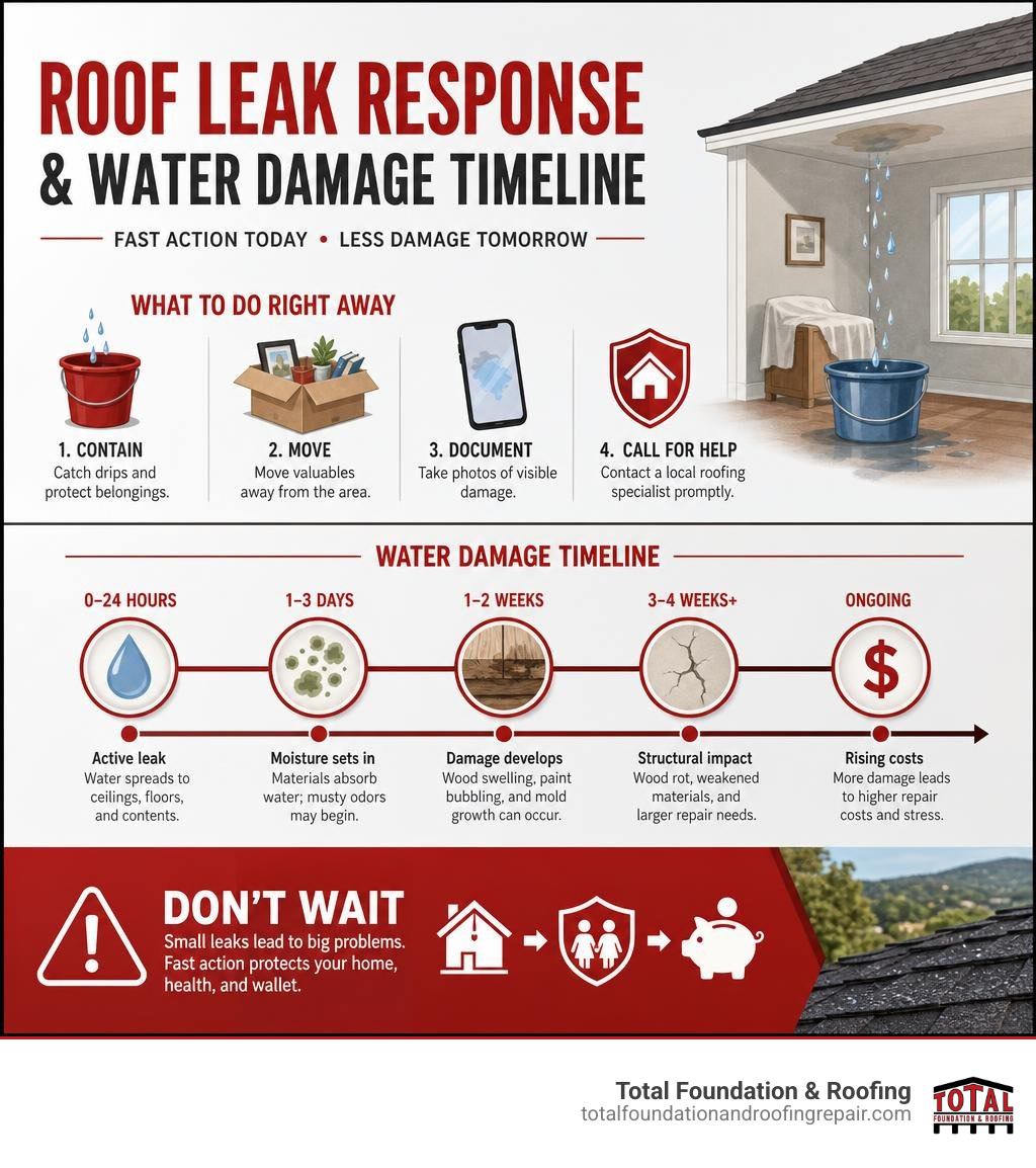 Roof leak response and water damage timeline infographic Roof leak response and water damage timeline infographic