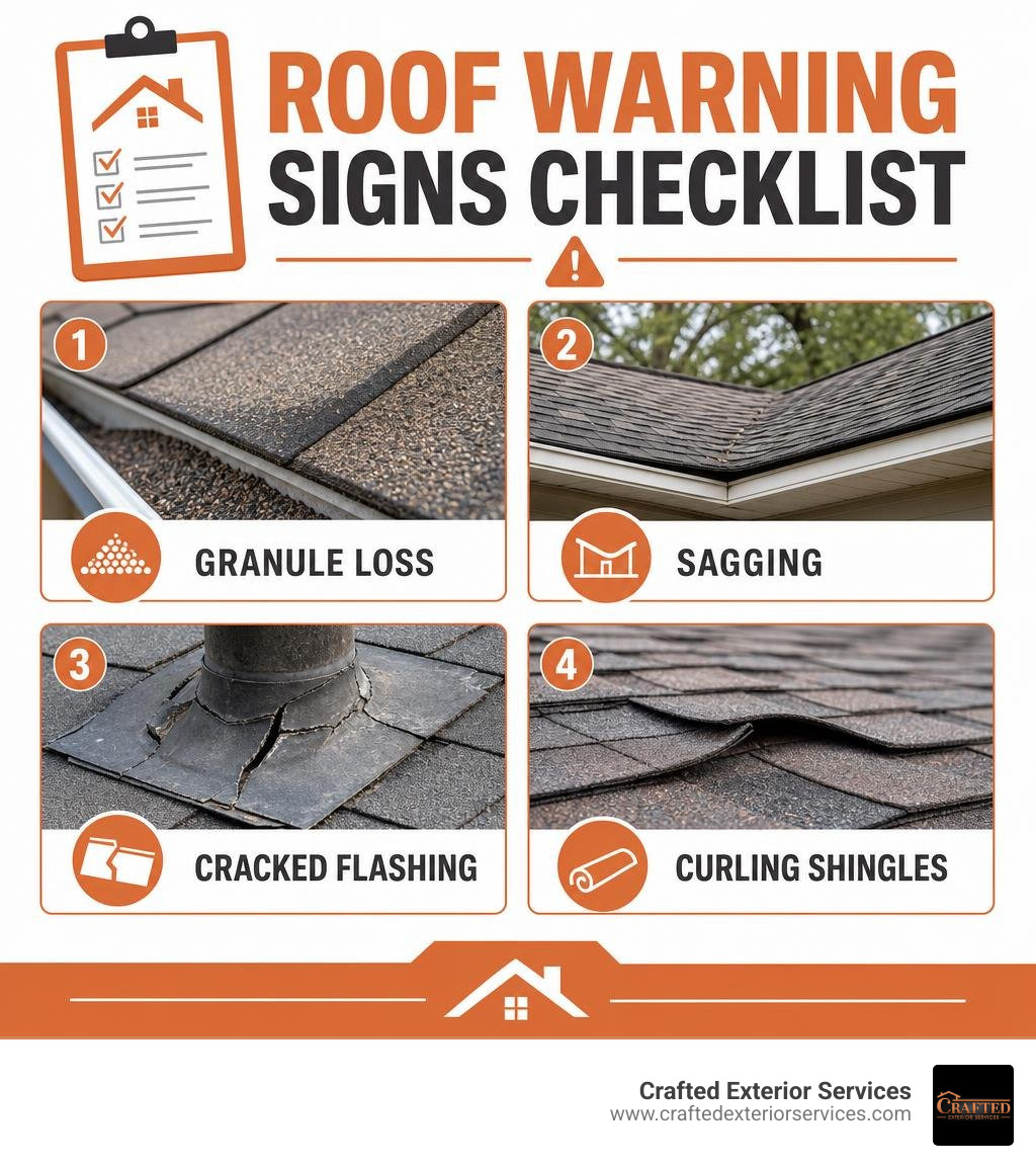 Roof warning signs checklist showing granule loss, sagging, cracked flashing, and curling shingles infographic