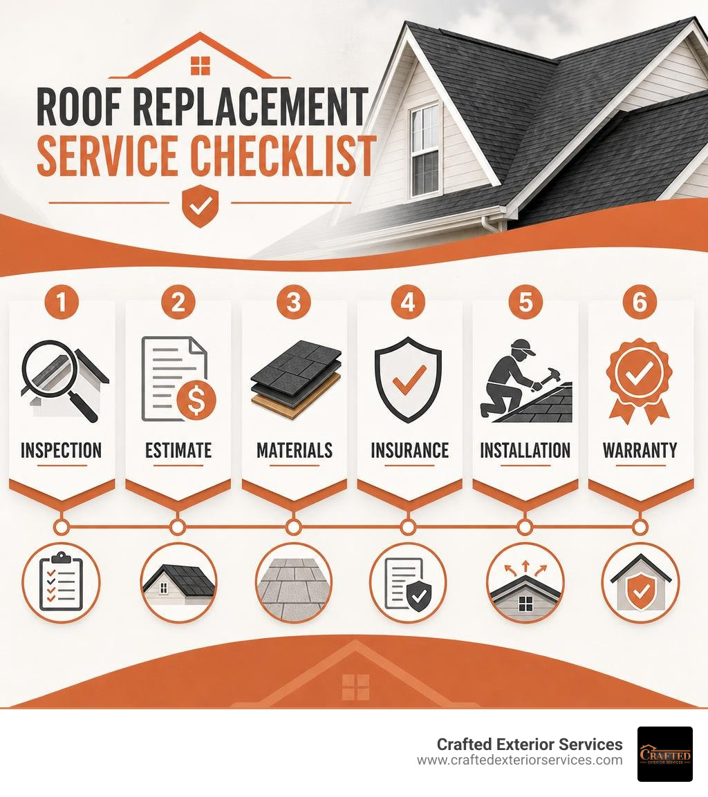 Roof replacement service checklist: inspection, estimate, materials, insurance, installation, warranty infographic