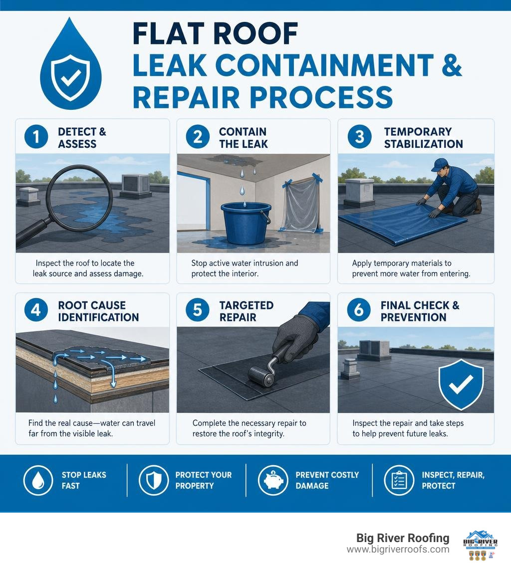 Flat roof leak containment and repair process infographic infographic