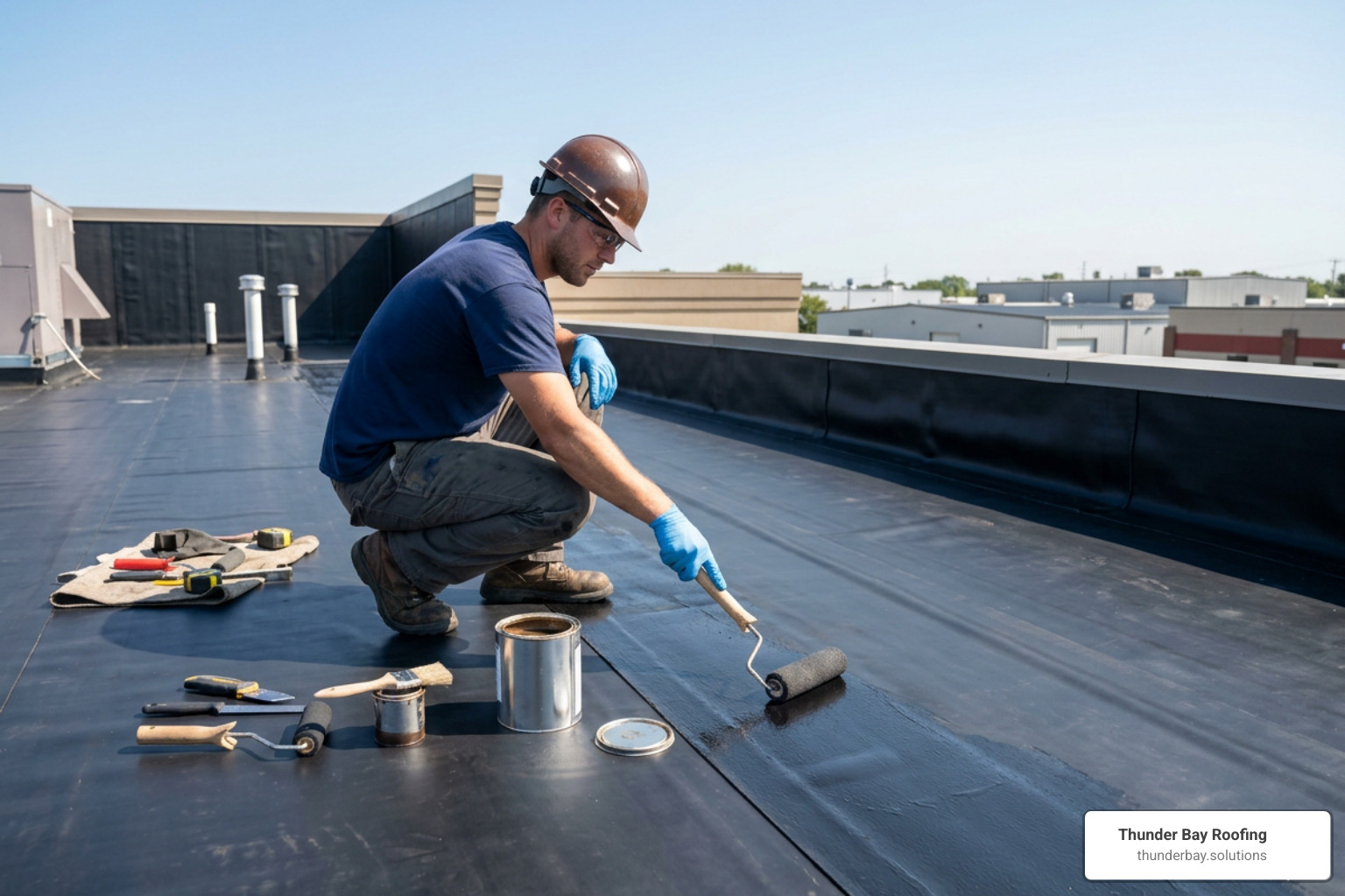 Roofing contractor applying seam primer and adhesive to rubber membrane