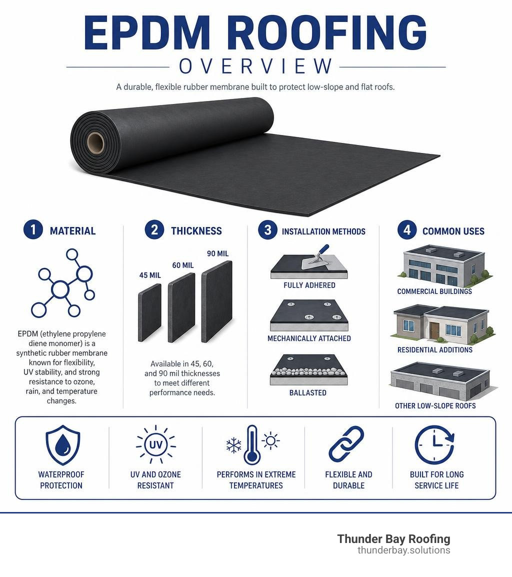 EPDM roofing overview: material, thickness, installation methods, and common uses infographic