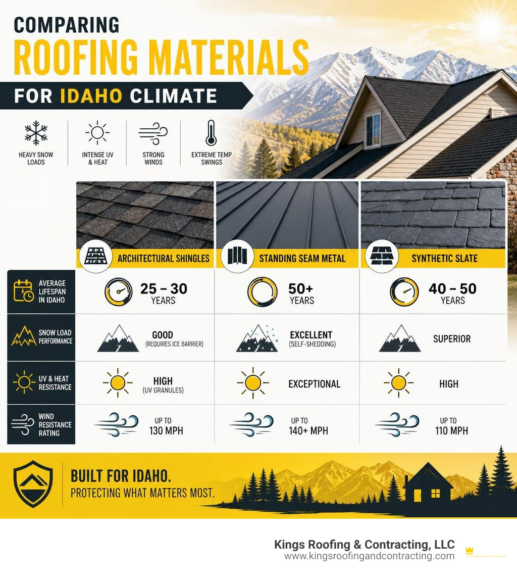 Comparing roofing materials for Idaho climate infographic Comparing roofing materials for Idaho climate infographic