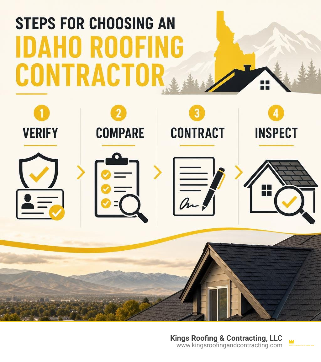 Steps for choosing an Idaho roofing contractor: verify, compare, contract, inspect infographic Steps for choosing an Idaho roofing contractor: verify, compare, contract, inspect infographic