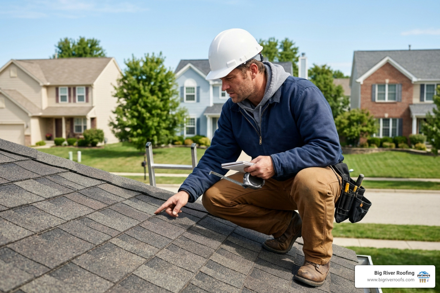 Roofer inspecting architectural asphalt shingles on a residential roof
