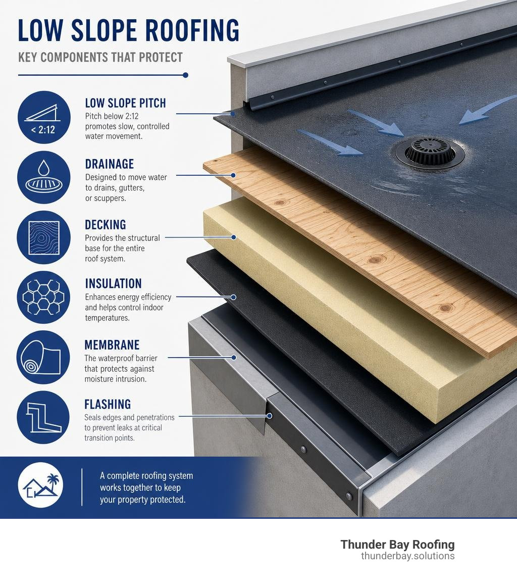 Low slope roofing pitch, drainage, decking, insulation, membrane, and flashing layers infographic Low slope roofing pitch, drainage, decking, insulation, membrane, and flashing layers infographic