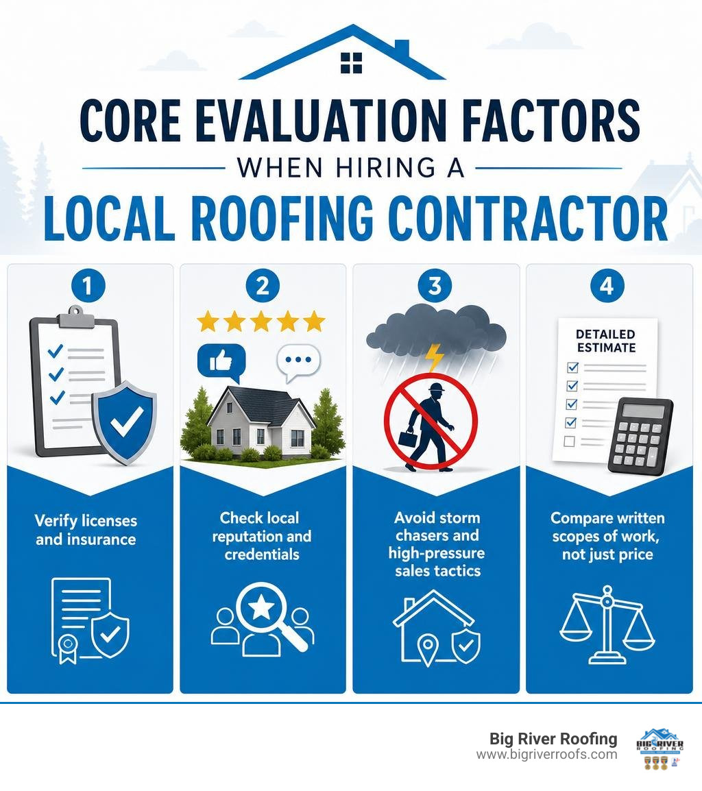 Core evaluation factors when hiring a local roofing contractor infographic