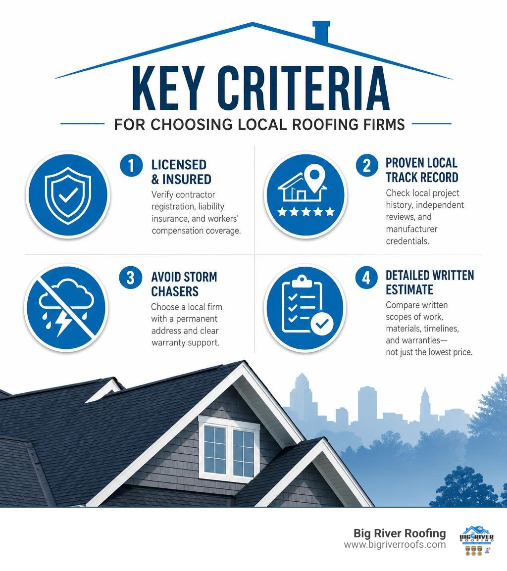 Key criteria for choosing local roofing firms infographic