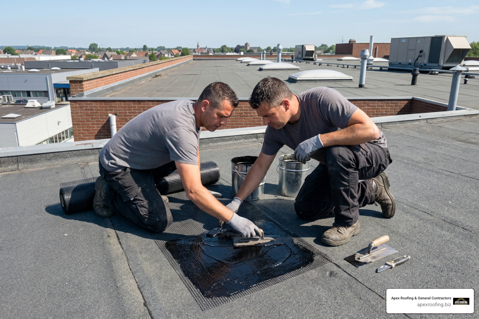 Applying bitumen mastic and mesh patch on commercial low slope roof deck Applying bitumen mastic and mesh patch on commercial low slope roof deck