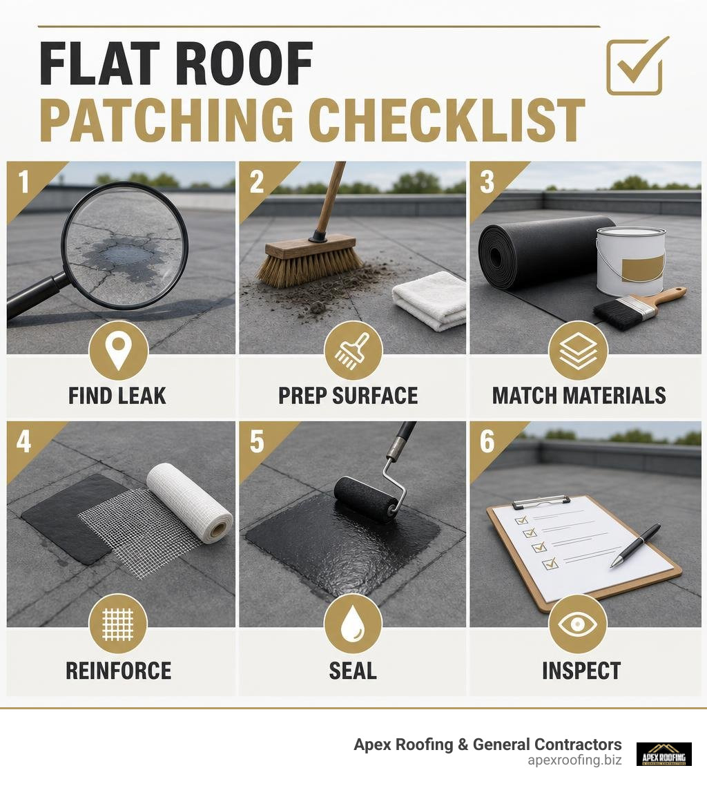 Flat roof patching checklist: find leak, prep surface, match materials, reinforce, seal, inspect infographic Flat roof patching checklist: find leak, prep surface, match materials, reinforce, seal, inspect infographic