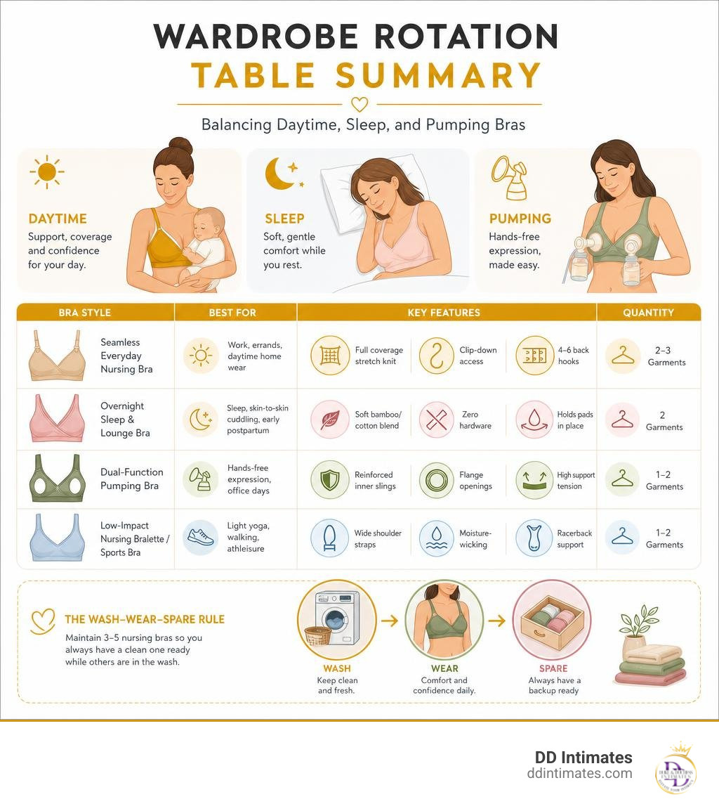 Wardrobe rotation table summary: balancing daytime, sleep, and pumping bras infographic