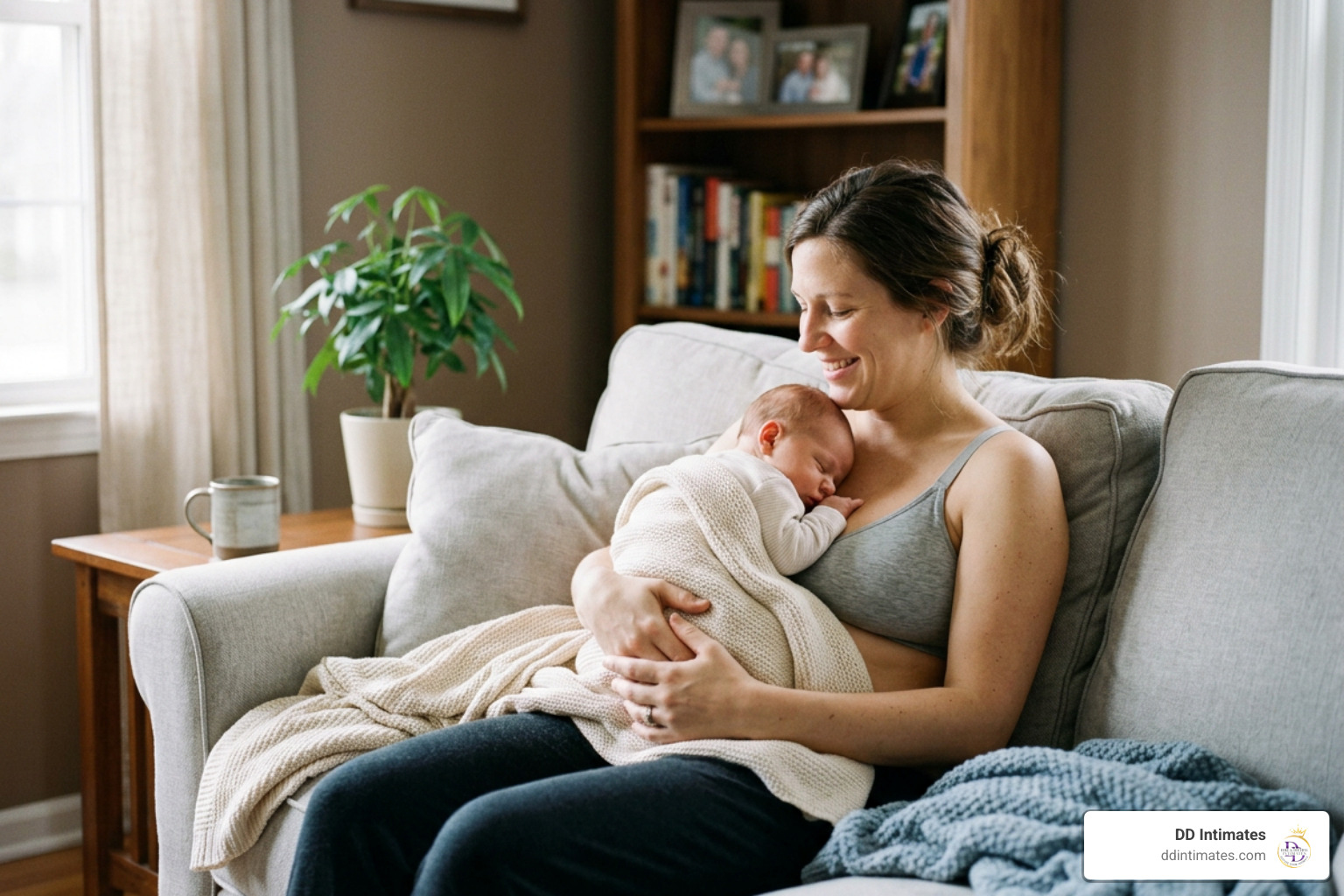 Mother relaxing comfortably in a wireless lounge bra holding her infant