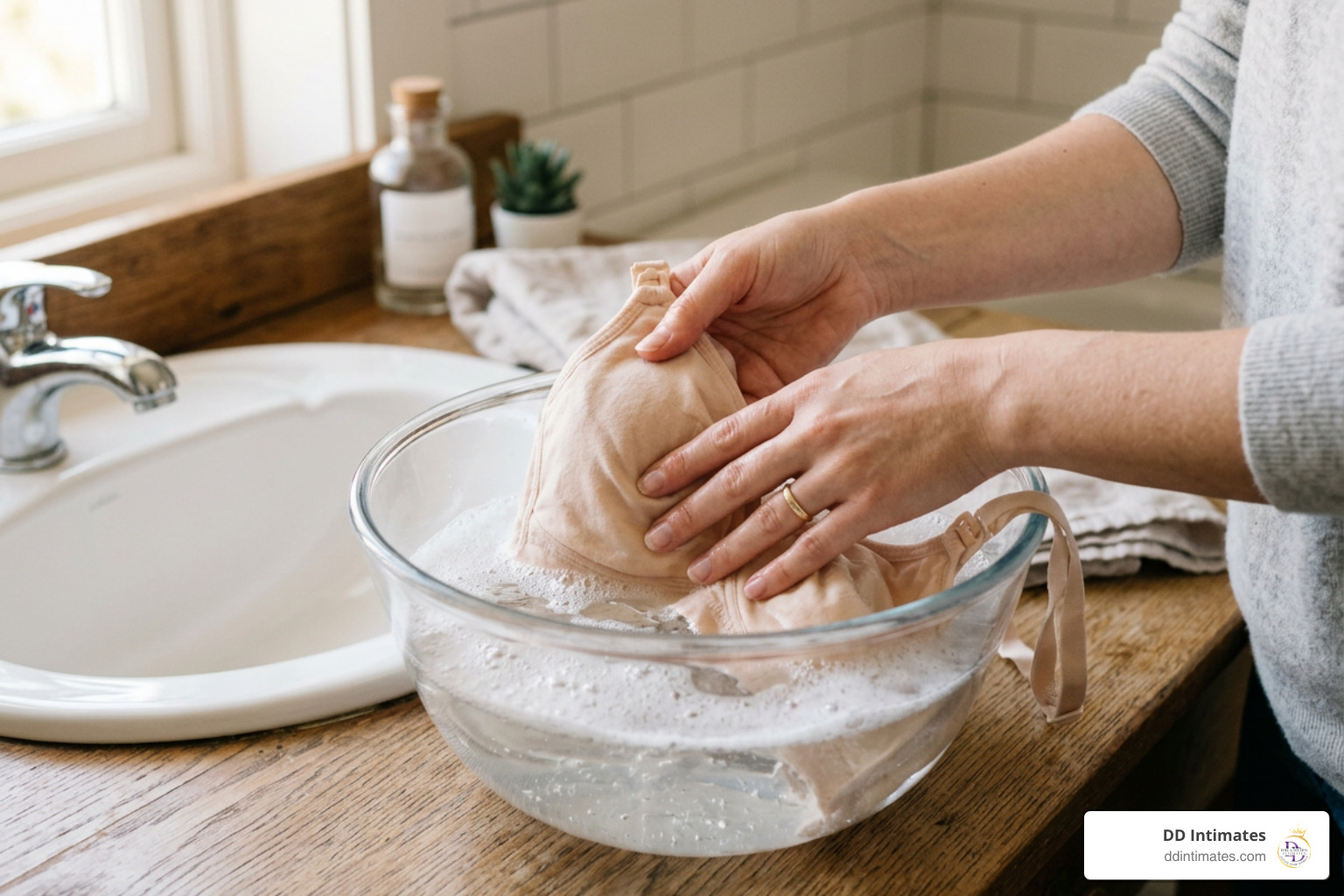 Hand washing delicate nursing bras in lukewarm water with mild liquid soap