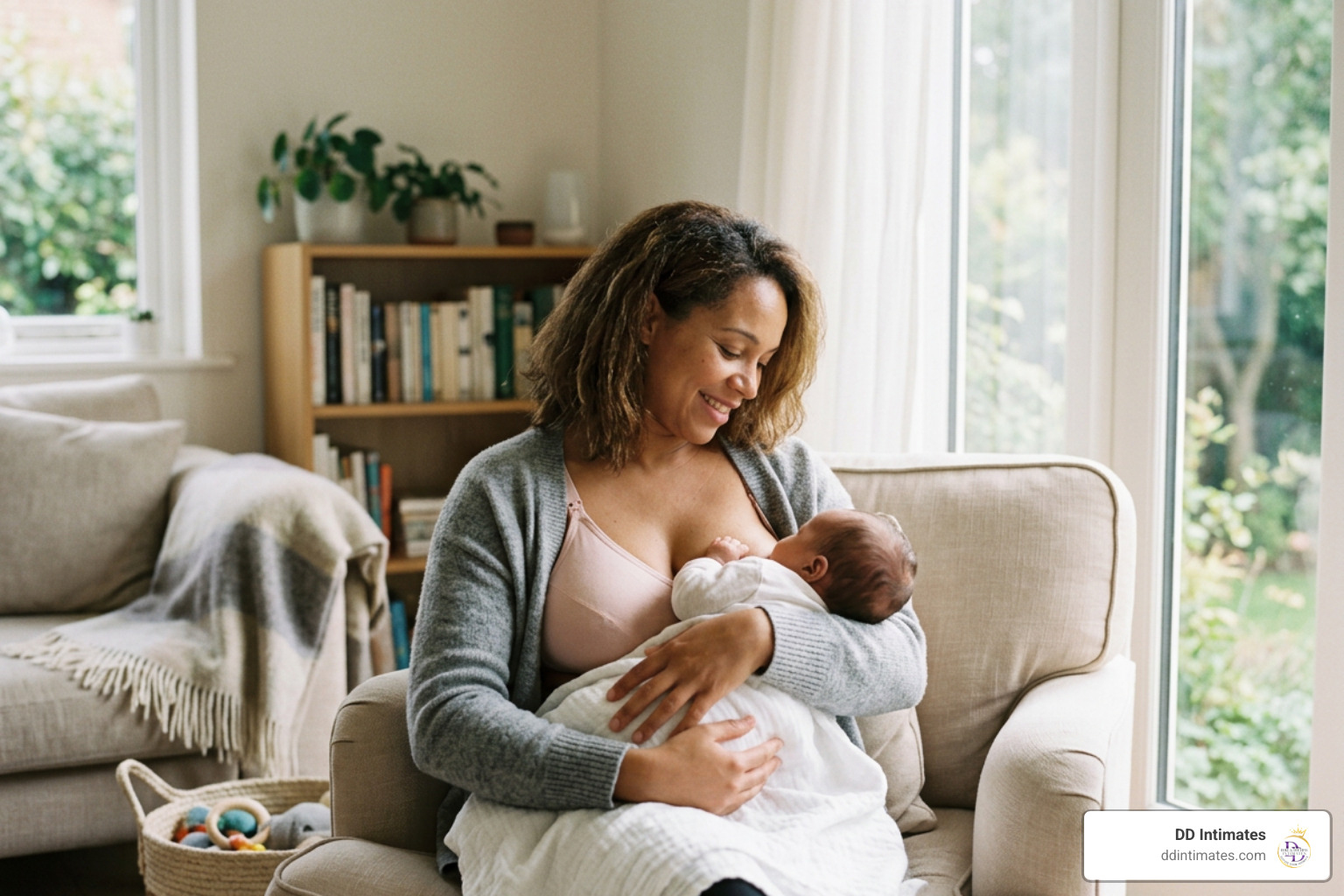 Mother sitting in bright room holding baby while wearing a supportive nursing bra