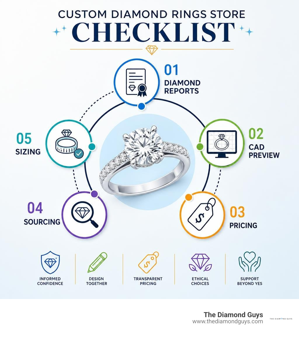 custom diamond rings store checklist: diamond reports, CAD preview, pricing, sourcing, sizing infographic