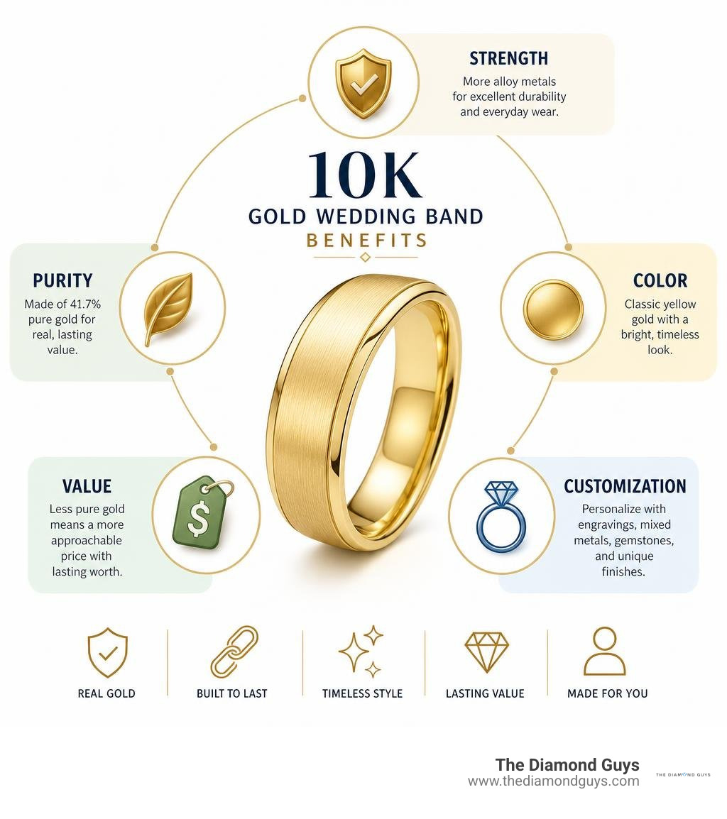 10K gold wedding band benefits: purity, strength, color, value, and customization infographic 10K gold wedding band benefits: purity, strength, color, value, and customization infographic