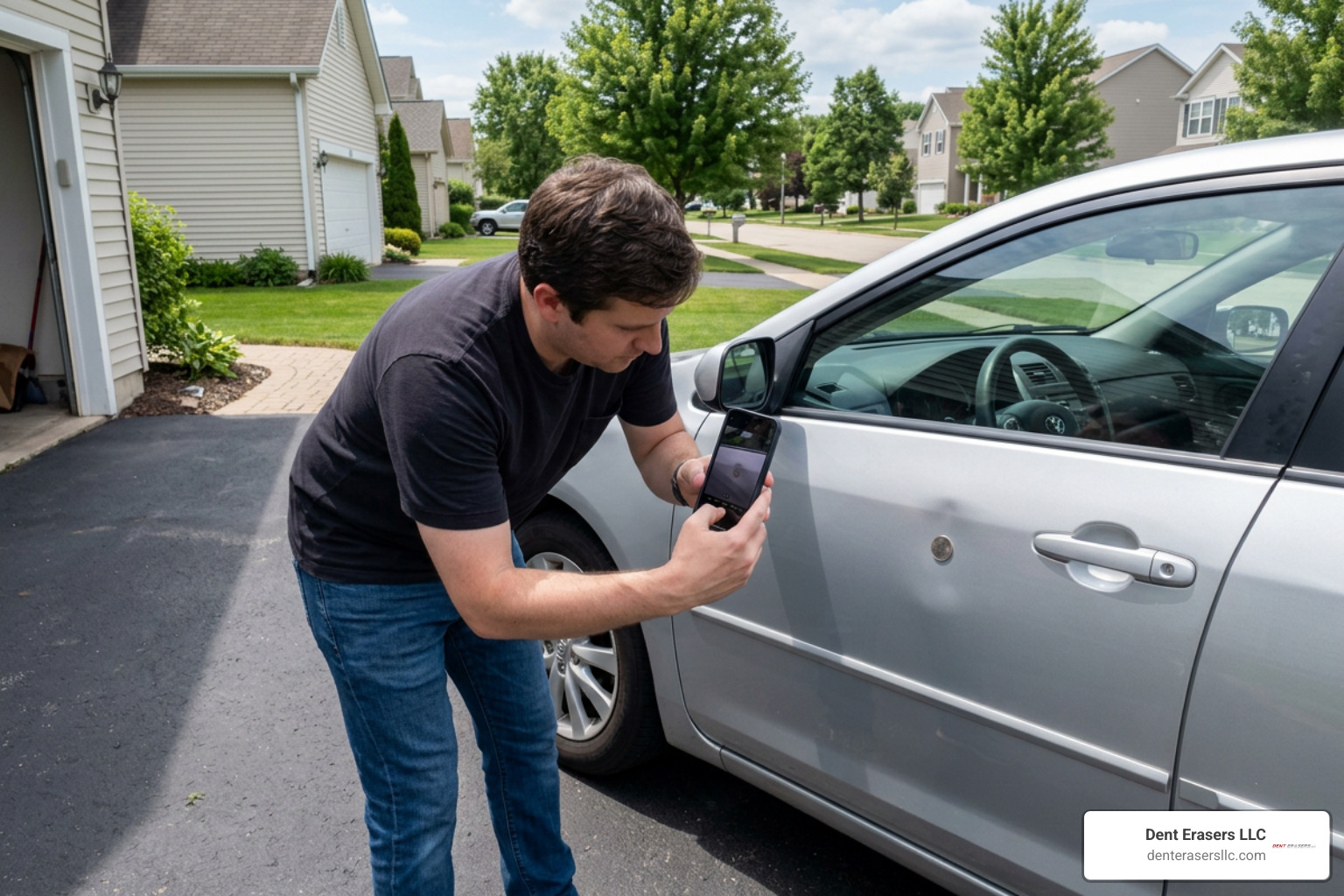 Car owner taking multi-angle phone photos of a door ding for a remote estimate Car Owner Taking Multi-Angle Phone Photos Of A Door Ding For A Remote Estimate