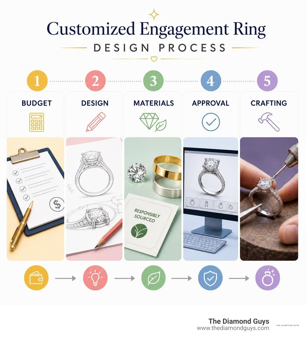 Customized engagement ring design process: budget, design, materials, approval, crafting infographic