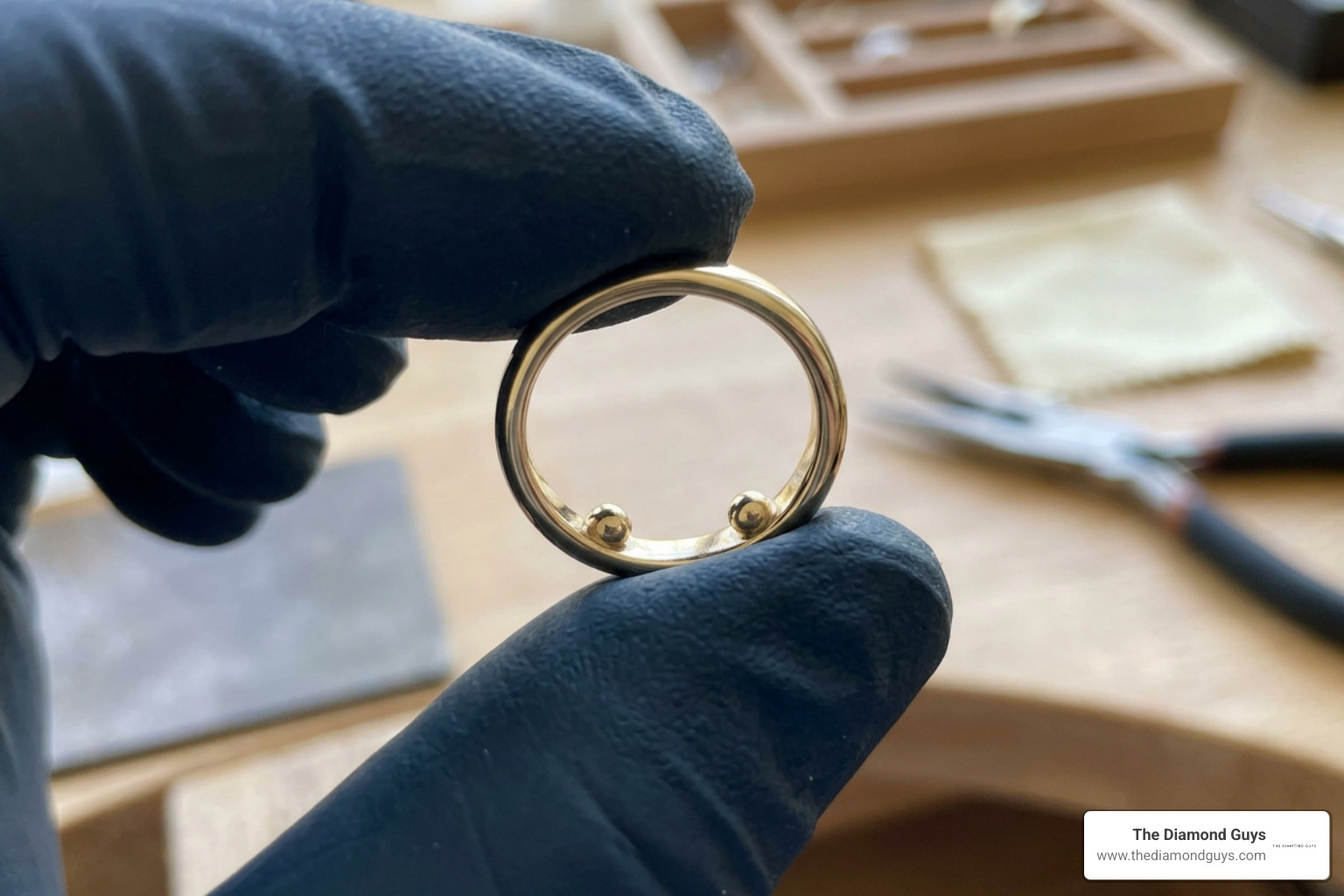 Sizing beads placed inside a gold ring band