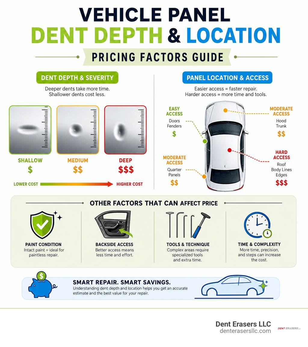 Vehicle panel dent depth and location pricing factors guide infographic Vehicle Panel Dent Depth And Location Pricing Factors Guide Infographic