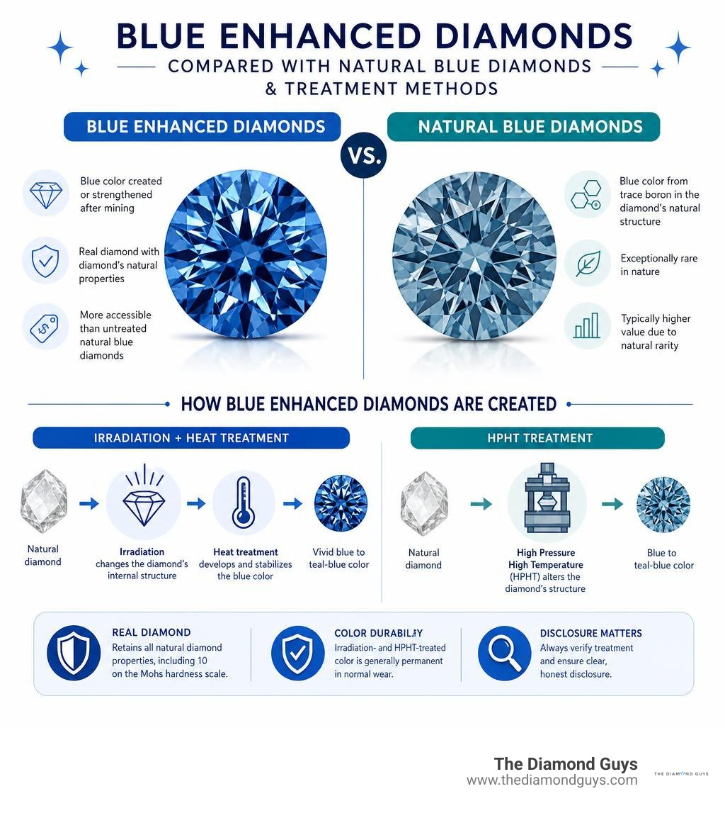 Blue enhanced diamonds compared with natural blue diamonds and treatment methods infographic