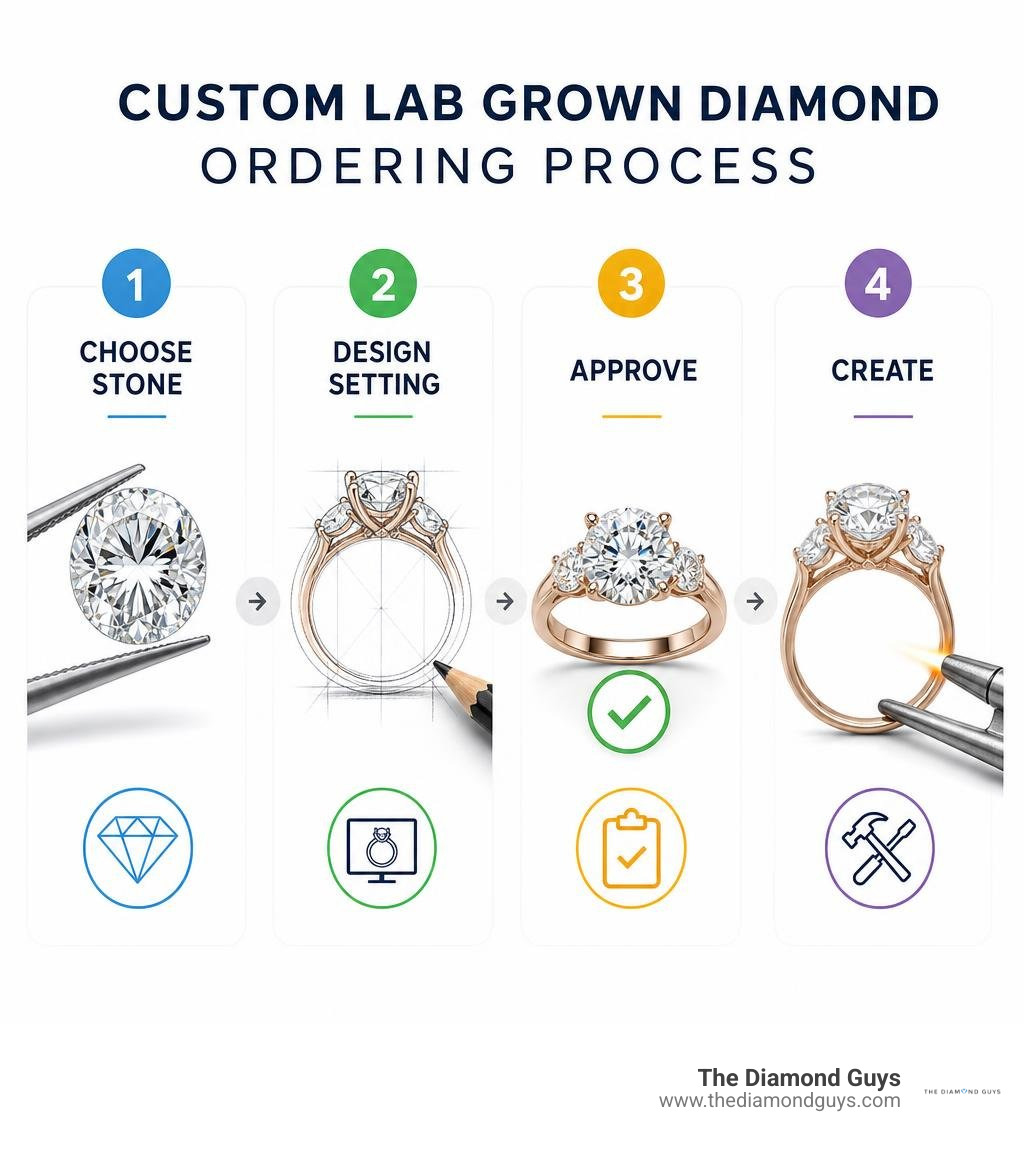 Custom lab grown diamond ordering process: choose stone, design setting, approve, create infographic