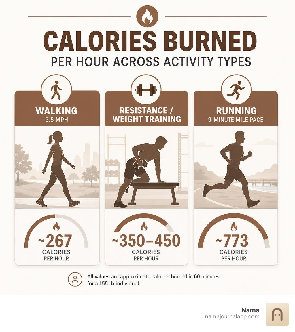 Calories burned per hour across walking, resistance training, and running infographic Calories burned per hour across walking, resistance training, and running infographic