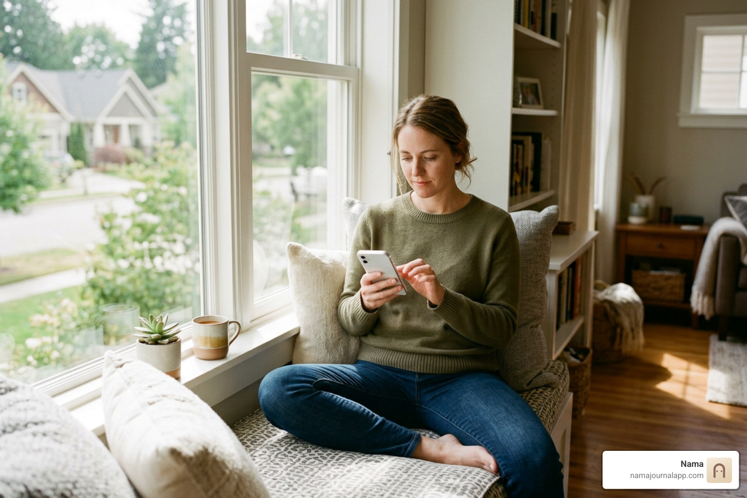 Person sitting comfortably by a window logging daily wellness on a smartphone using a local privacy app Person sitting comfortably by a window logging daily wellness on a smartphone using a local privacy app
