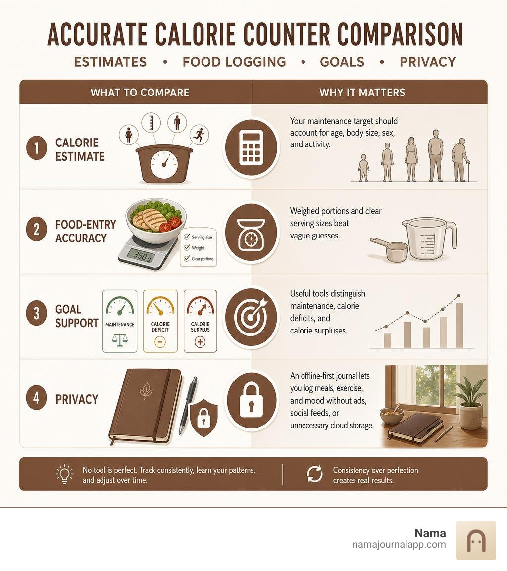 Accurate calorie counter comparison: estimates, food logging, goals, and privacy infographic Accurate calorie counter comparison: estimates, food logging, goals, and privacy infographic