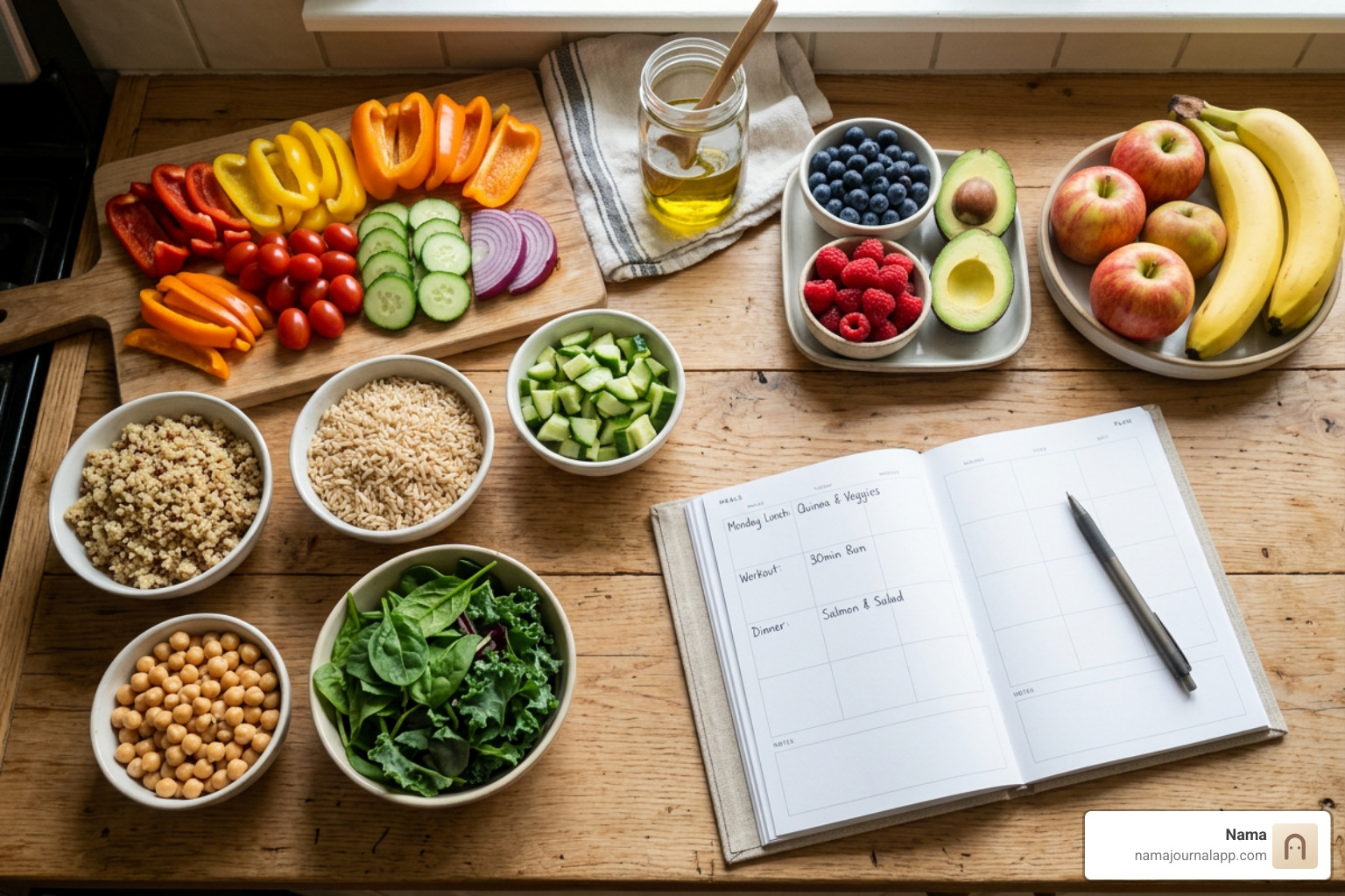 fresh meal prep ingredients next to a wellness planner fresh meal prep ingredients next to a wellness planner