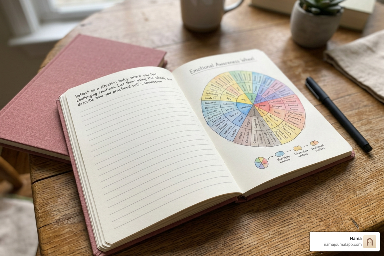 The Give Yourself Kindness Journal open on a table showing an emotional awareness tool and prompt pages The Give Yourself Kindness Journal open on a table showing an emotional awareness tool and prompt pages