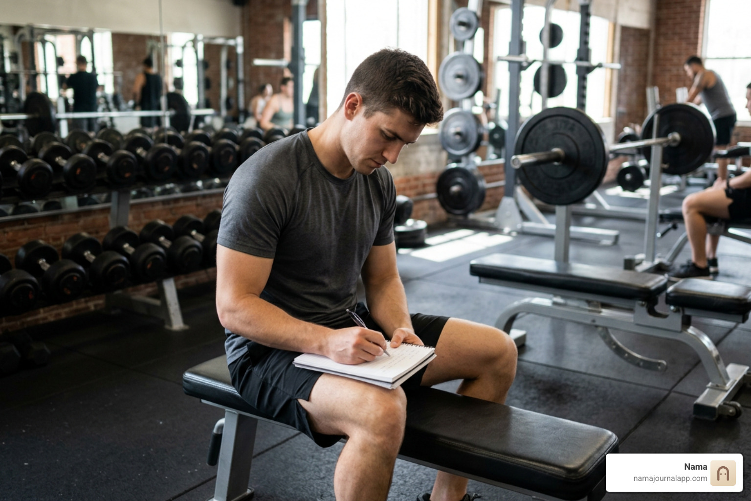 A fitness enthusiast taking notes in a physical gym notebook during a strength session A fitness enthusiast taking notes in a physical gym notebook during a strength session