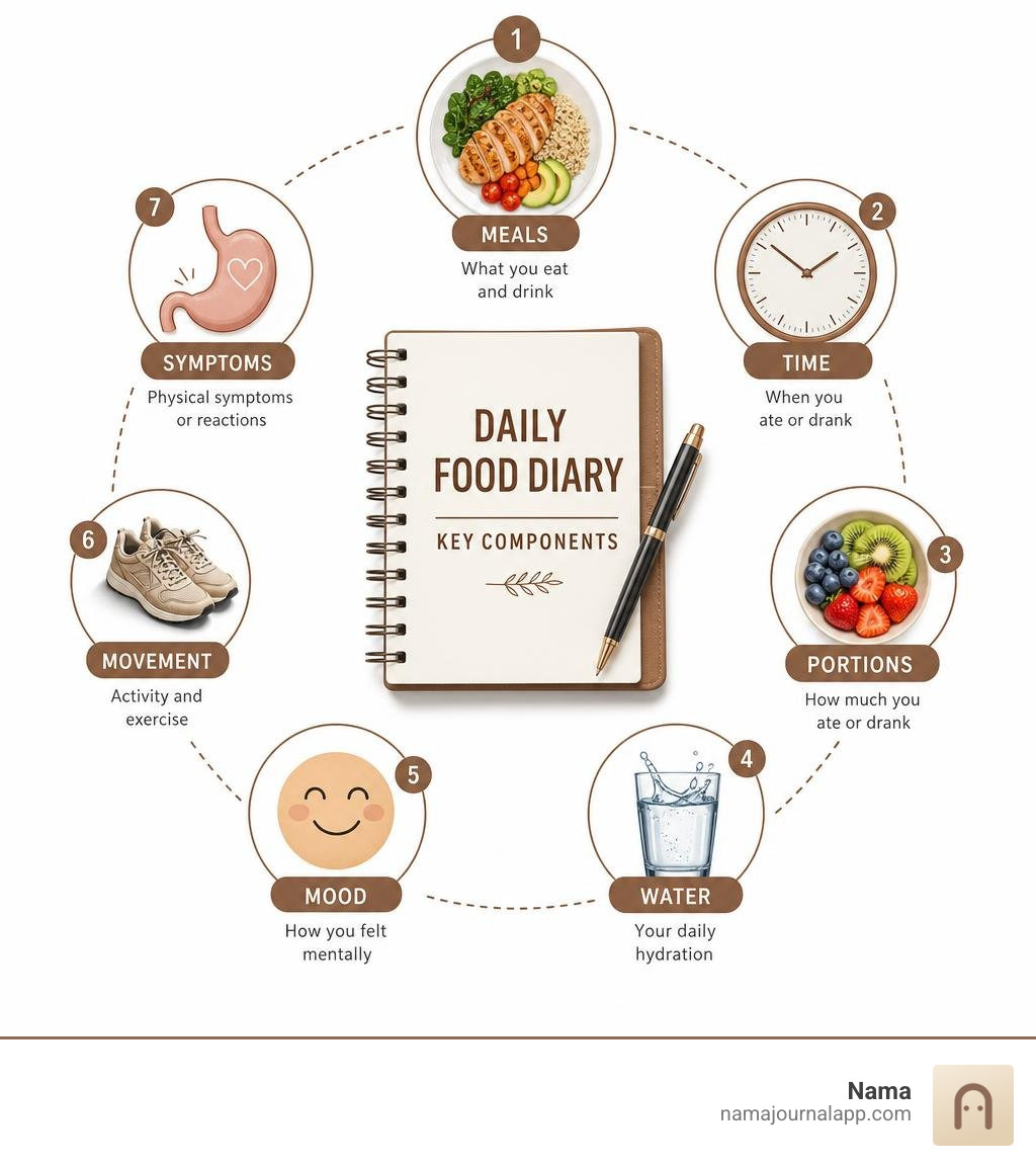 Daily food diary components: meals, time, portions, water, mood, movement, and symptoms infographic Daily food diary components: meals, time, portions, water, mood, movement, and symptoms infographic