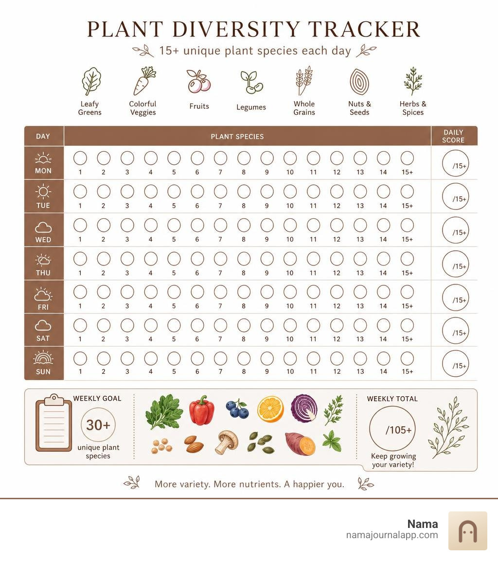Plant diversity score tracking 15 plus daily plant species in a weekly layout infographic Plant diversity score tracking 15 plus daily plant species in a weekly layout infographic