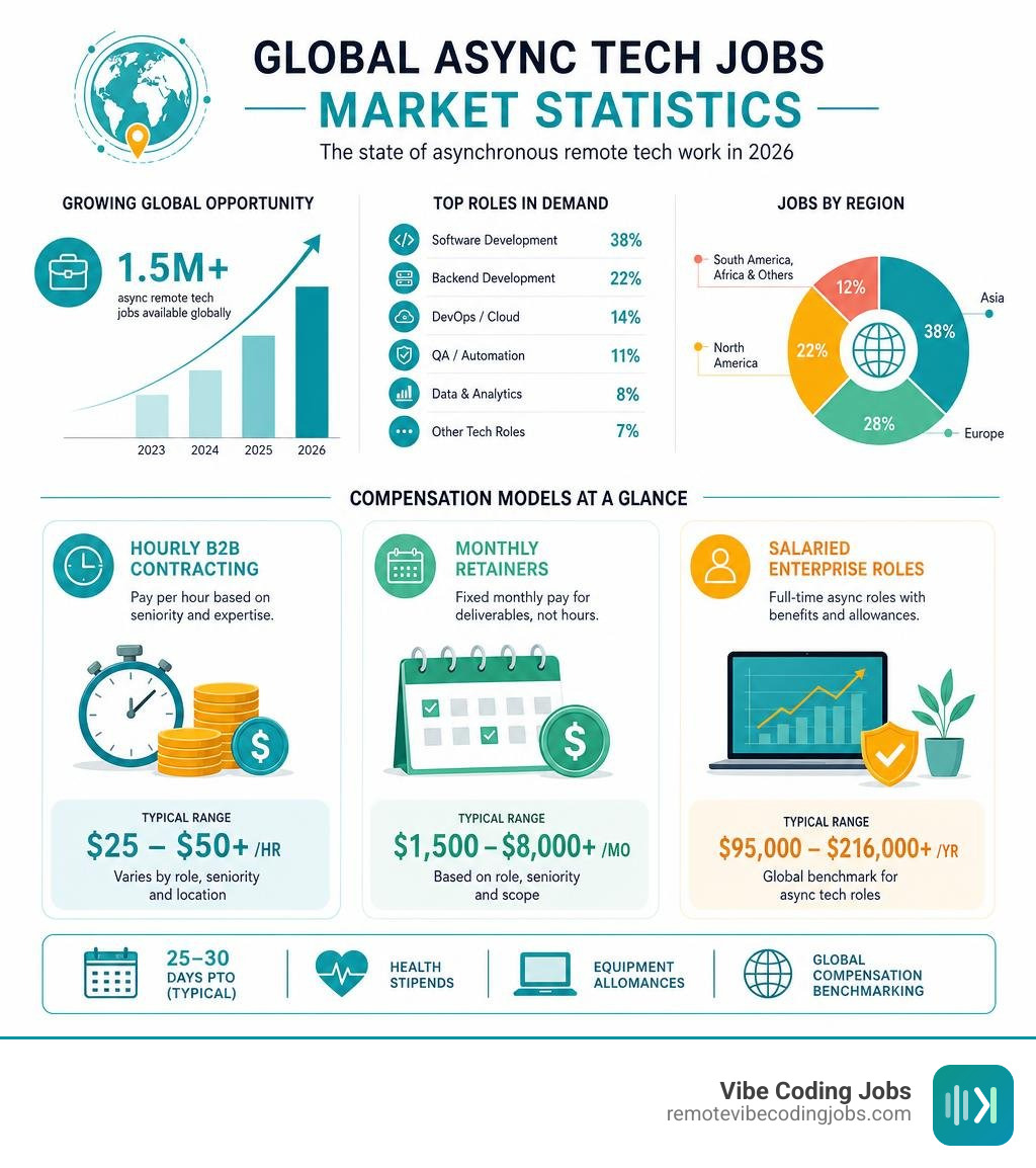 Market statistics on global async job availability and compensation models infographic