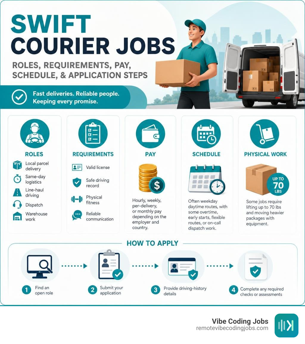 Swift courier jobs infographic: roles, requirements, pay, schedule, and application steps infographic Swift courier jobs infographic: roles, requirements, pay, schedule, and application steps infographic