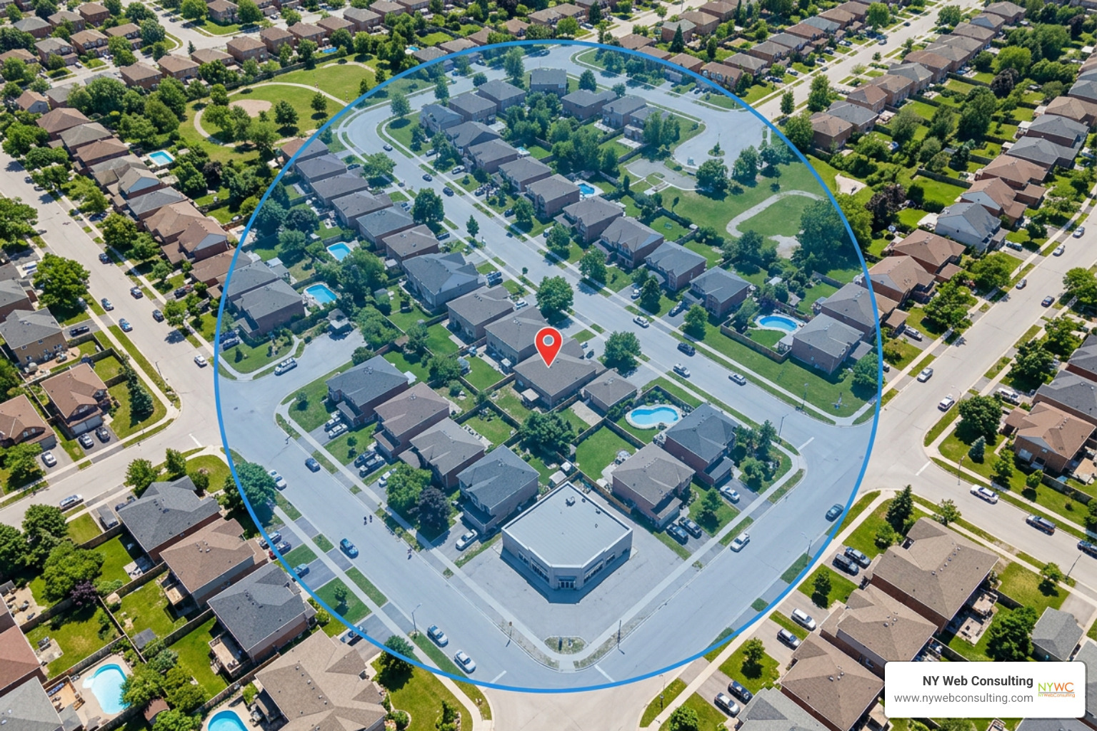 Geofencing radius map surrounding target local neighborhoods and storefronts